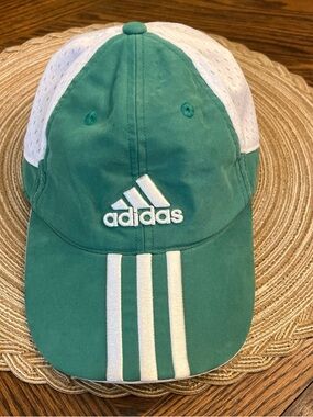 Adidas Green White Strapback Athletic Hat Cap Adult OSFA 3 Stripe Life